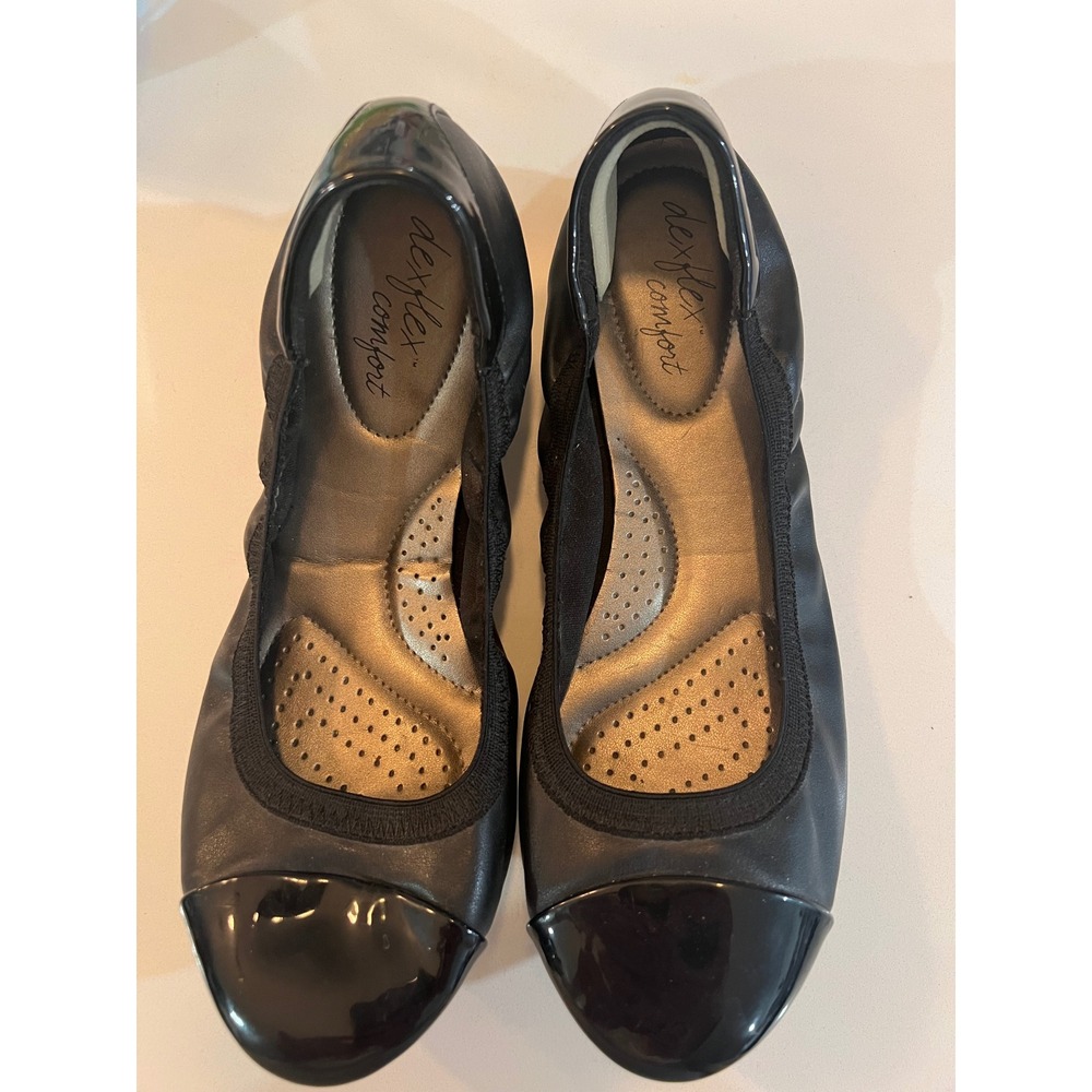 Dexflex Comfort Womens Black Ballet Flats Patent Cap Toe Memory Foam Size 8W